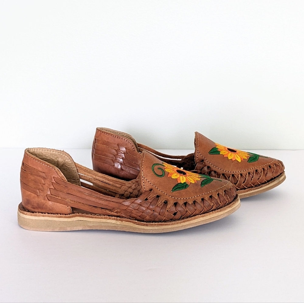🇲🇽 Cacahi's Leather Huaraches With Sunflower Design Made In Mexico - Picture 4 of 12